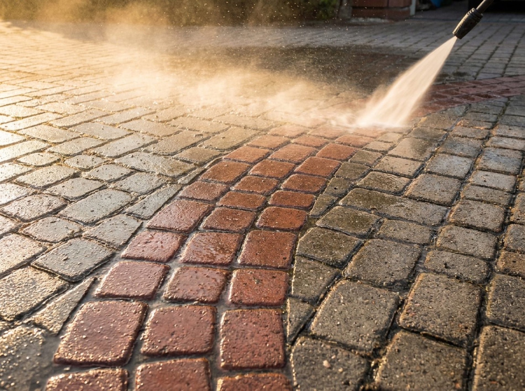 Water fanning across brick paving during a clean