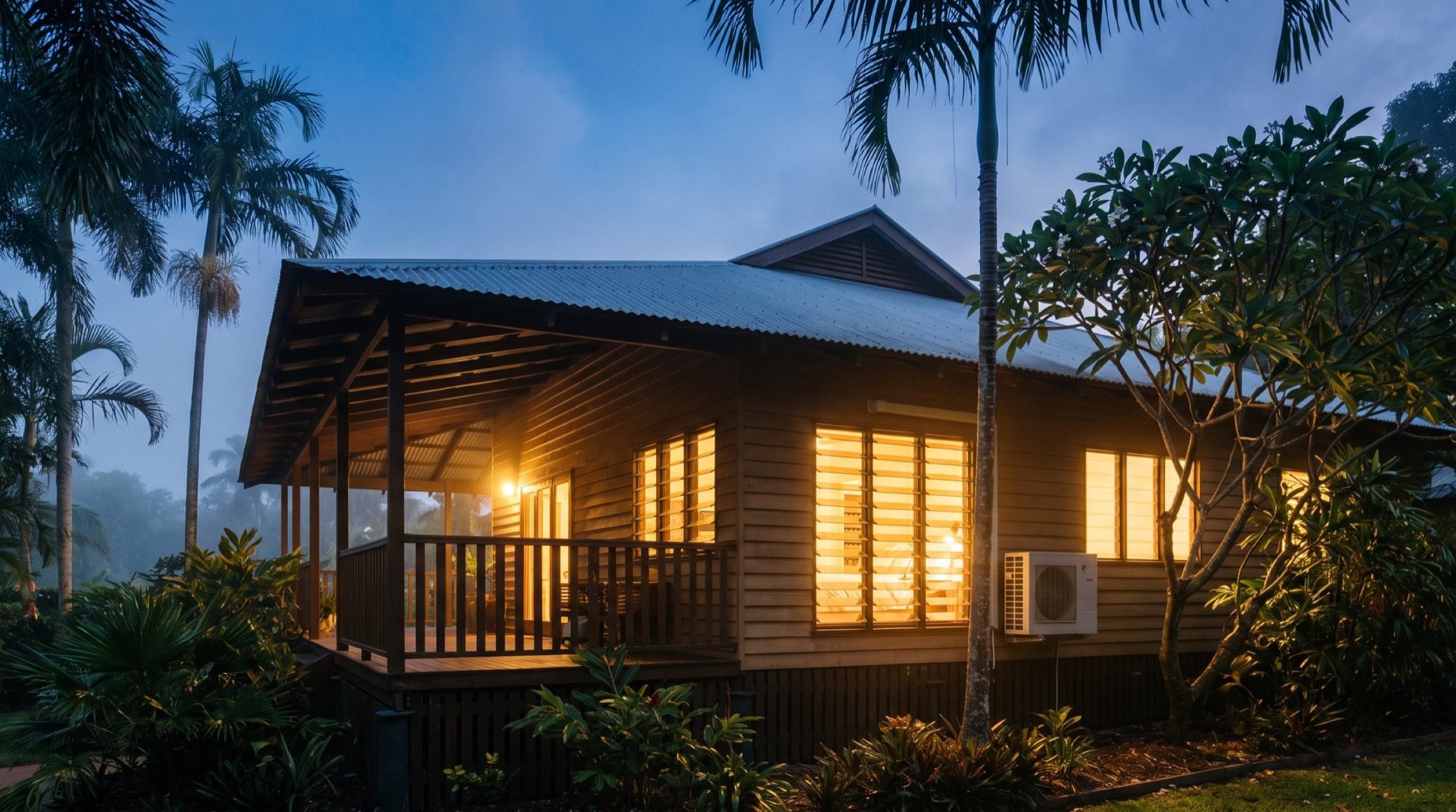 A timber Queensland home surrounded by palms in soft evening light