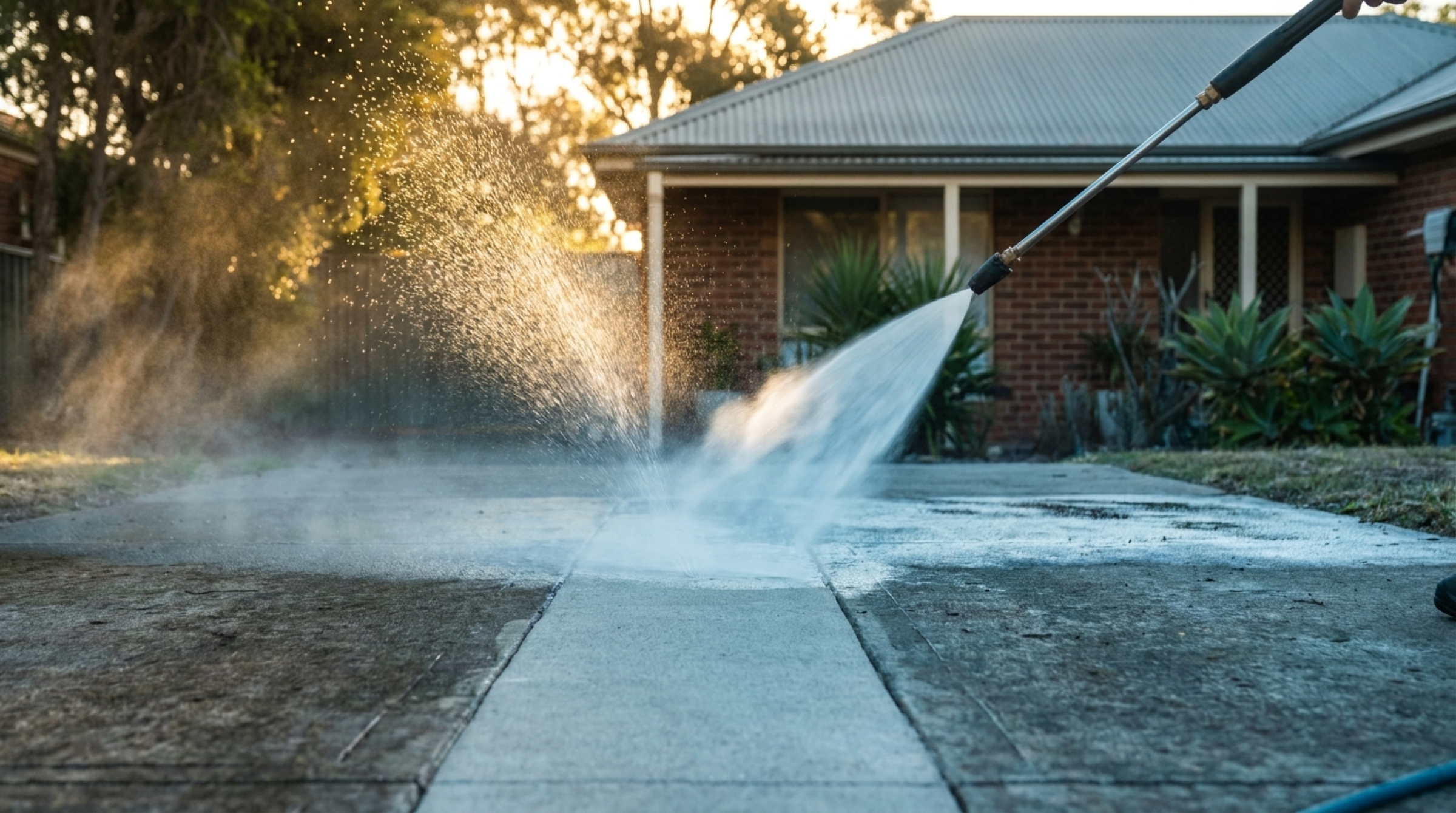 A pressure washer fanning water across a concrete driveway in front of a house