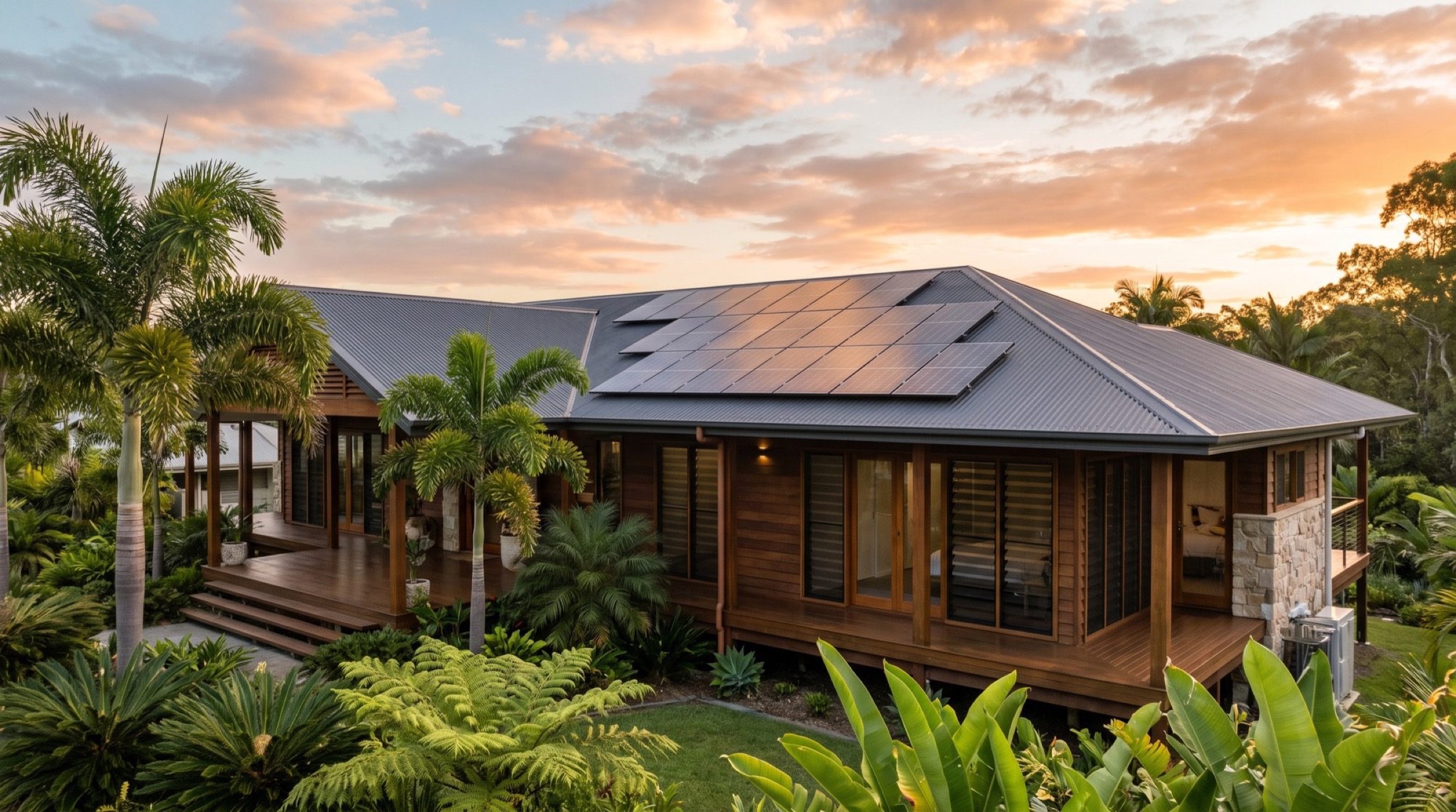 A Queensland home with a metal roof and palms in warm evening light