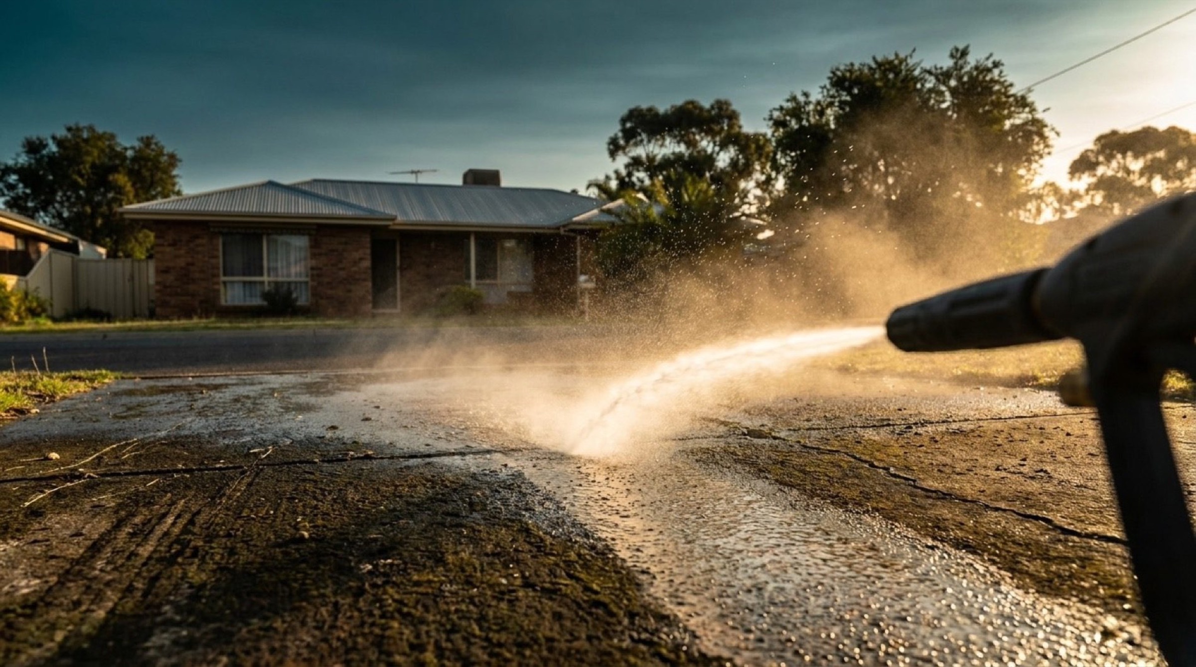 A pressure washer fanning water across a concrete driveway under a heavy Queensland sky