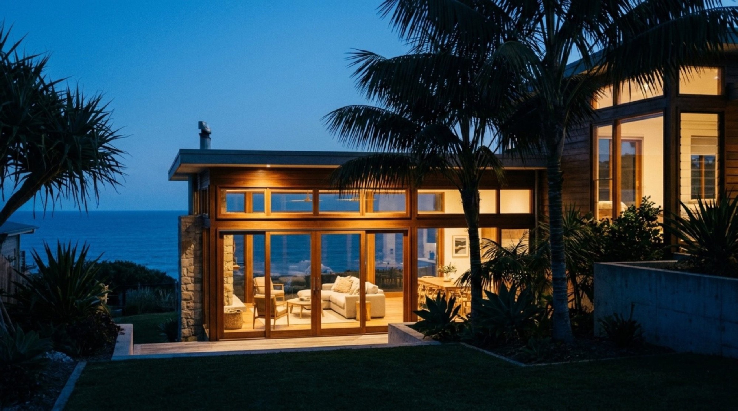 A coastal Queensland home lit up at dusk with palms across the garden