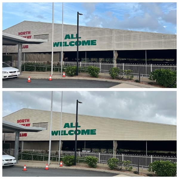 A large commercial building and car park shown as a pair of photographs