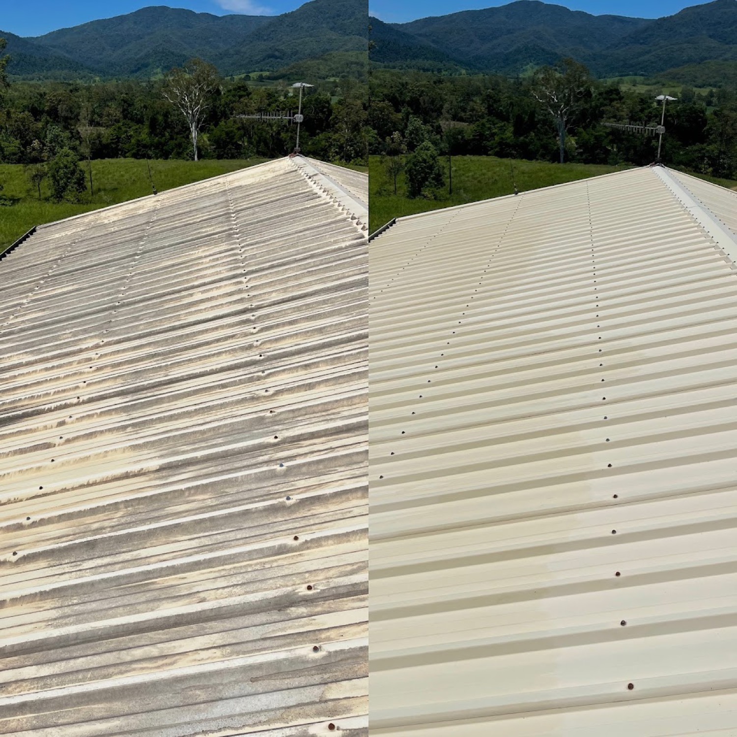 A metal roof mid-clean, one side still stained and the other side washed