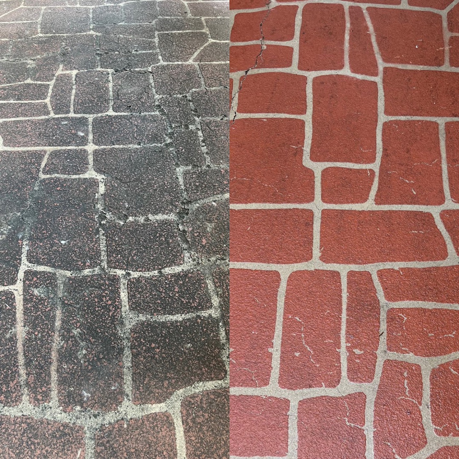 A paved driveway part way through cleaning, with a clear line across the pavers