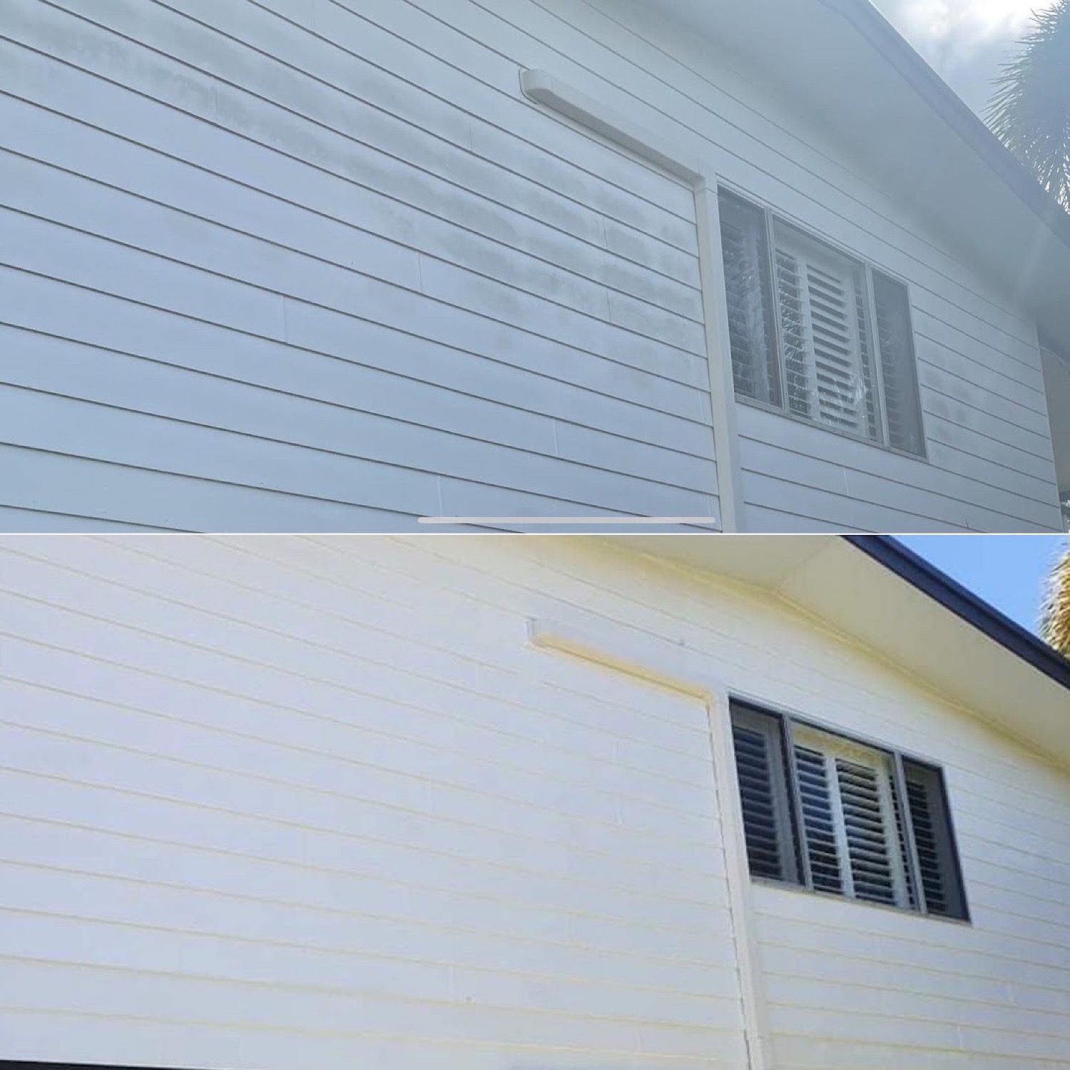 A clad house wall with one section still marked and the next section washed