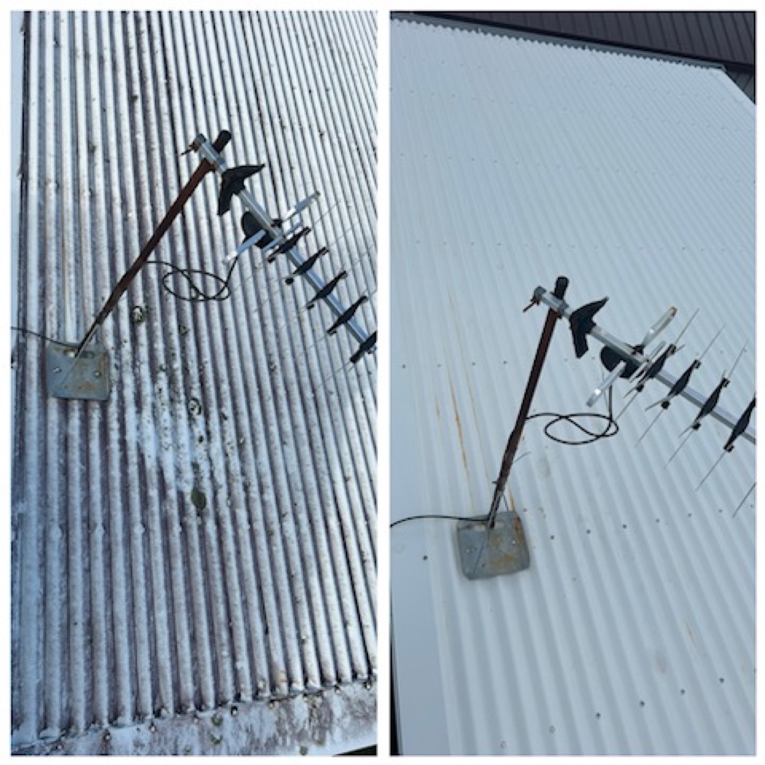 A corrugated metal roof and TV antenna, one side weathered and the other washed