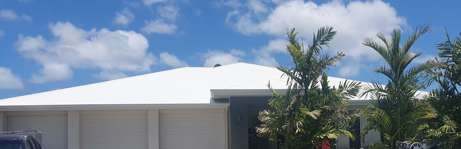 A white Colorbond roof on a Mackay home with palms in the foreground